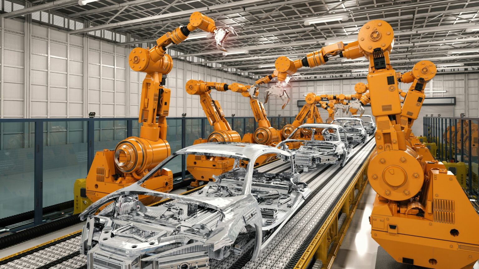 Robot arms assembling a car in a assembly line.
