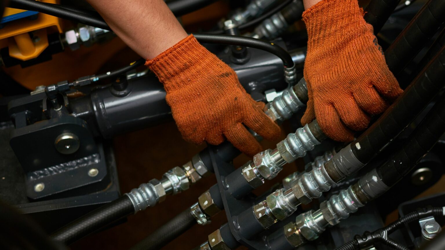 Hydraulic Hose Coupling with orange gloves.